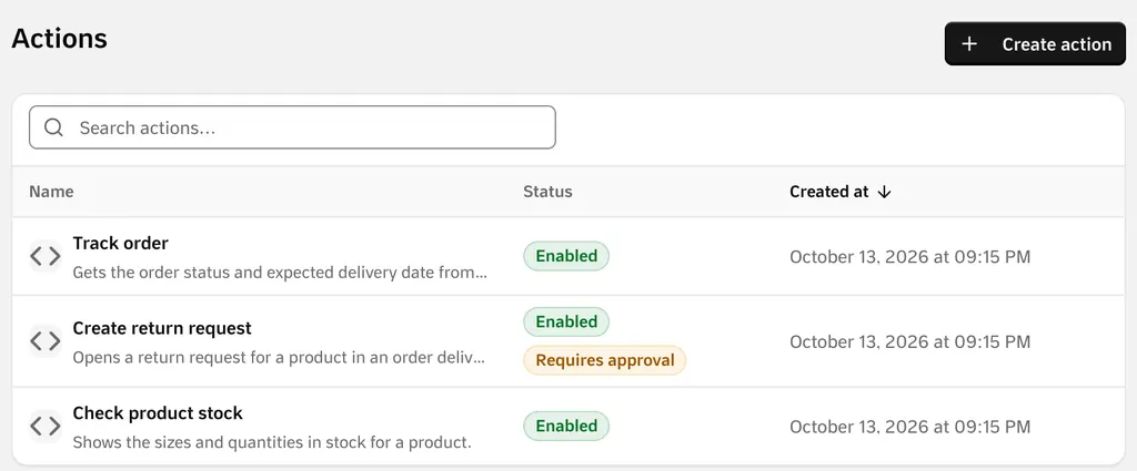 The agent’s actions: track an order, create a return request that requires approval, and check a product’s stock.