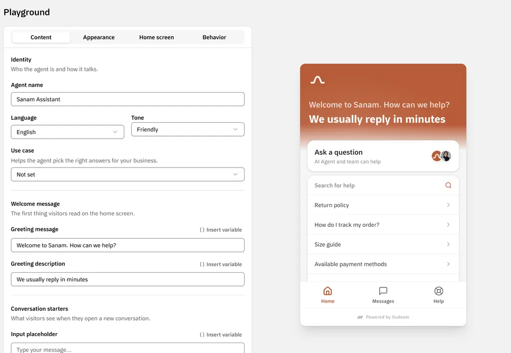 The AI agent’s settings: its name, Arabic as the language, Modern Standard Arabic as the dialect, and a friendly tone, beside a preview of the chat widget.