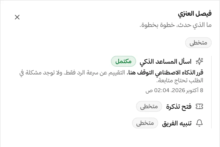 تشغيل مسار توقّف بقرار من الذكاء الاصطناعي: تعلّق التقييم بسرعة الرد فقط، فلم تُفتح تذكرة ولم يُرسل تنبيه.