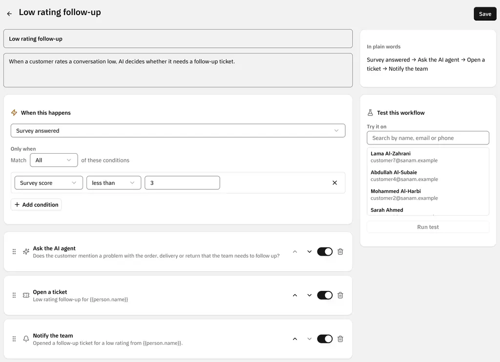 A workflow that starts when a customer gives a low rating: an AI step asks whether the customer reports a problem, then a ticket opens and the team is notified.