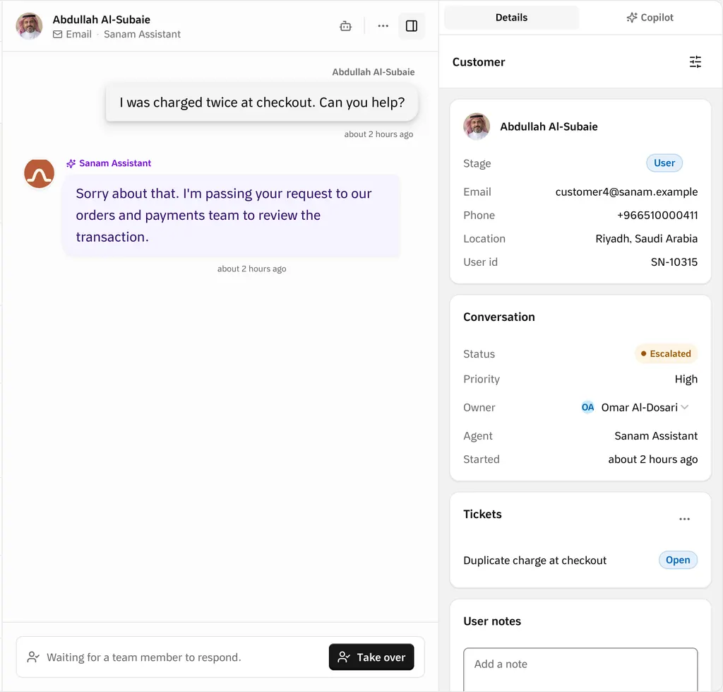 An escalated conversation waiting for the team, with a Take over button, the customer’s details, and the ticket opened for it.