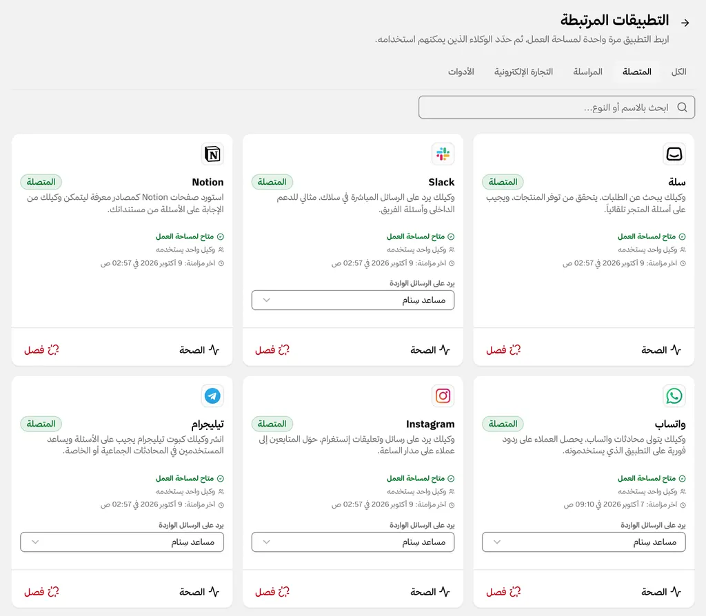 Connected apps in a workspace: Salla, Slack, Notion, WhatsApp, Instagram, and Telegram, each available to the workspace and used by one agent.