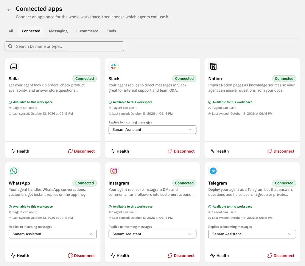 Connected apps in a workspace: Salla, Slack, Notion, WhatsApp, Instagram, and Telegram, each available to the workspace and used by one agent.