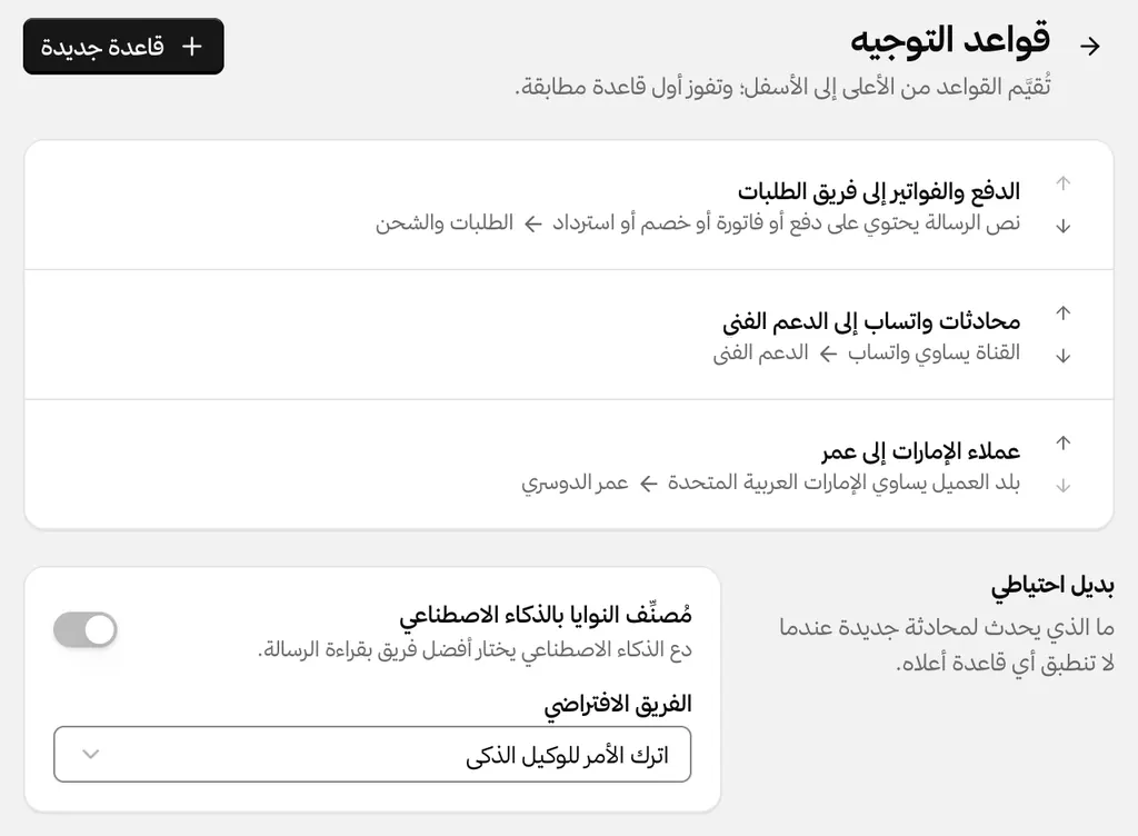 قواعد توجيه ترسل أسئلة الدفع إلى فريق الطلبات، ومحادثات واتساب إلى الدعم الفني، وعملاء الإمارات إلى عضو محدد.
