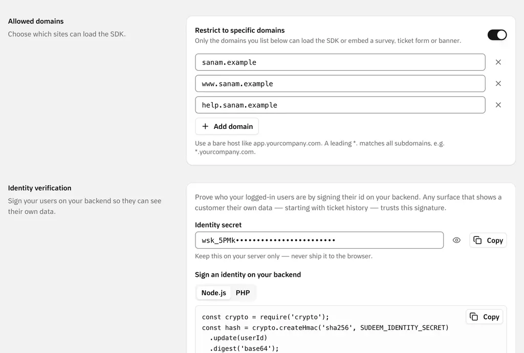 SDK settings: the widget limited to three store domains, and the identity secret with the code that signs a customer’s identity on your server.