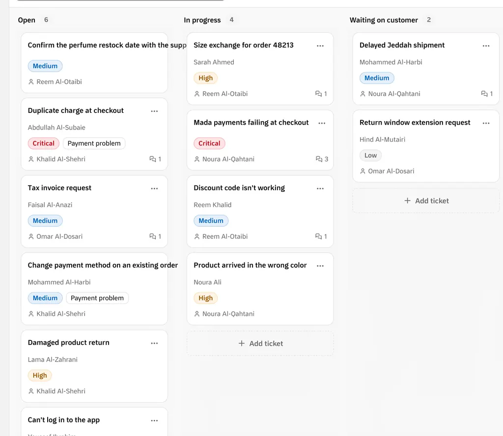 Support tickets on a board with open, in progress, and waiting on customer columns.